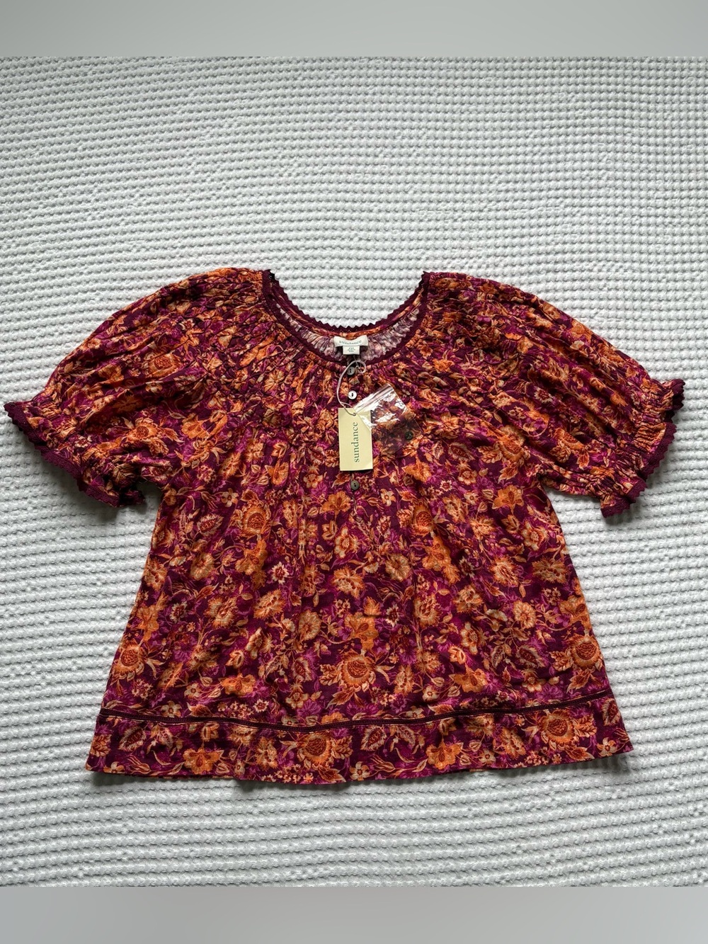 Sundance NWT Floral Button Front Magenta Orange 100% Cotton Smocked Blouse - PM